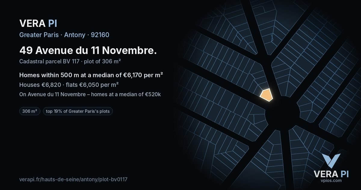 49 Avenue du 11 Novembre, Antony at night – the plot lit, the parcels around coloured by the prices near them