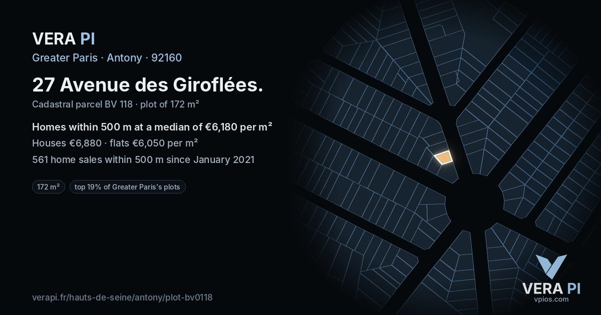 27 Avenue des Giroflées, Antony at night – the plot lit, the parcels around coloured by the prices near them