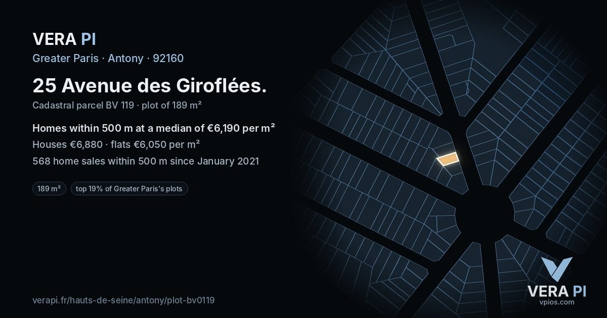 25 Avenue des Giroflées, Antony at night – the plot lit, the parcels around coloured by the prices near them