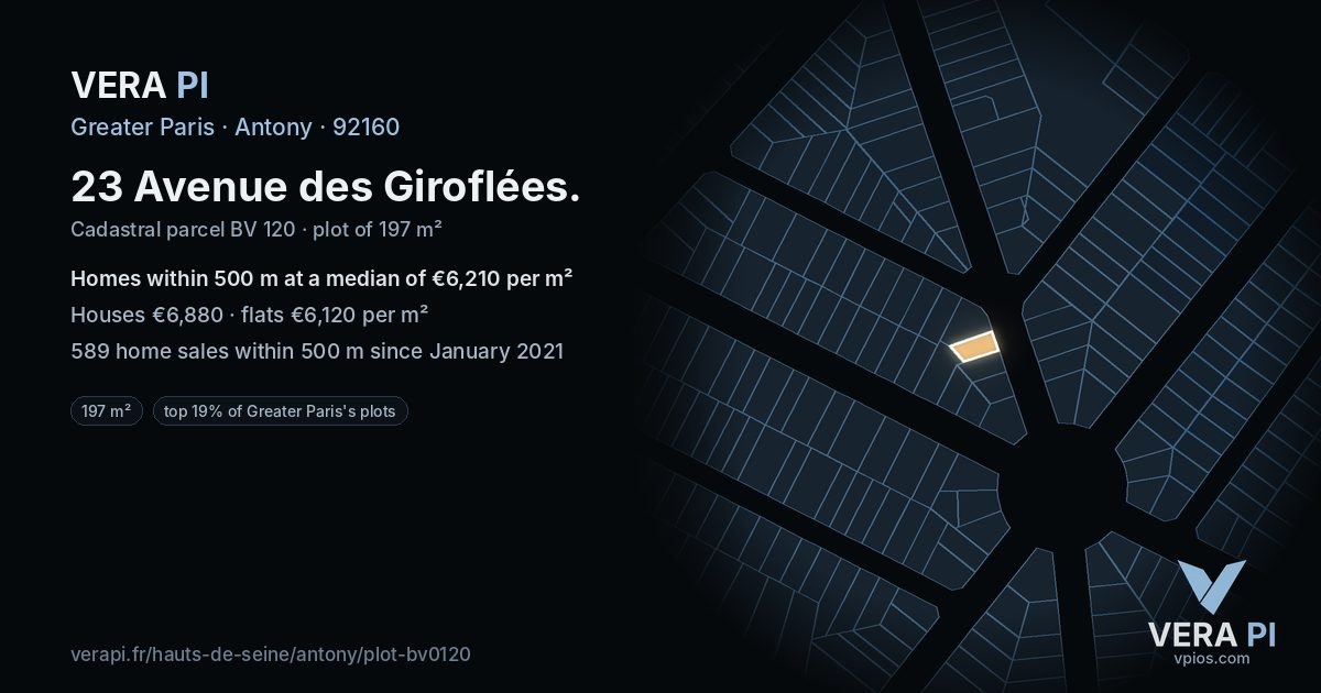 23 Avenue des Giroflées, Antony at night – the plot lit, the parcels around coloured by the prices near them