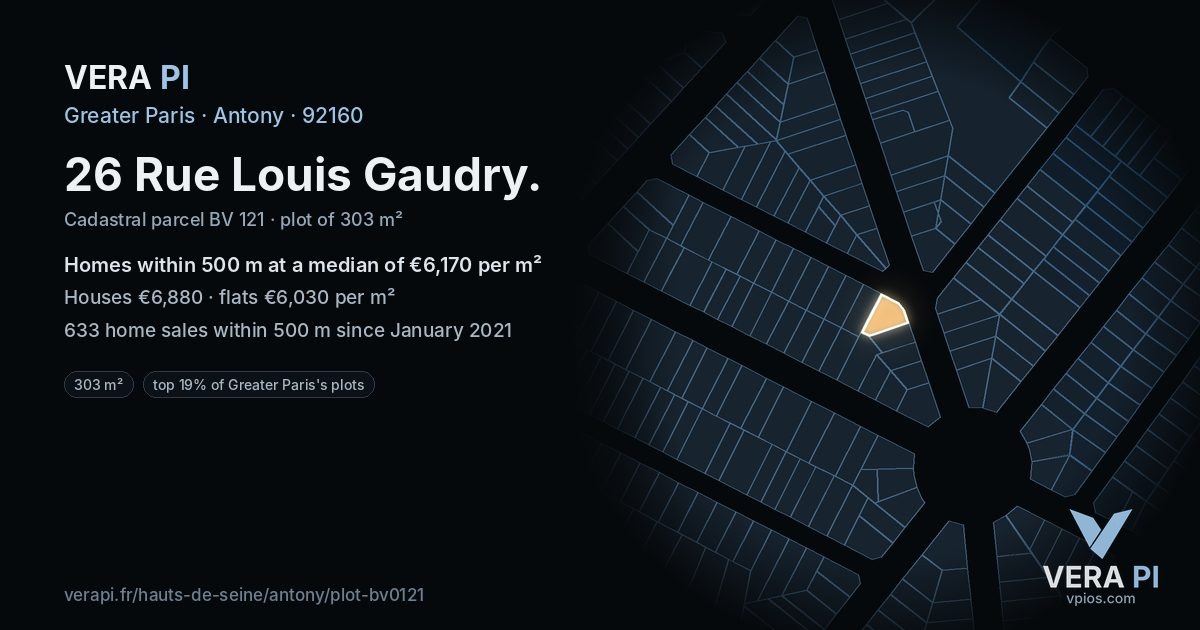 26 Rue Louis Gaudry, Antony at night – the plot lit, the parcels around coloured by the prices near them