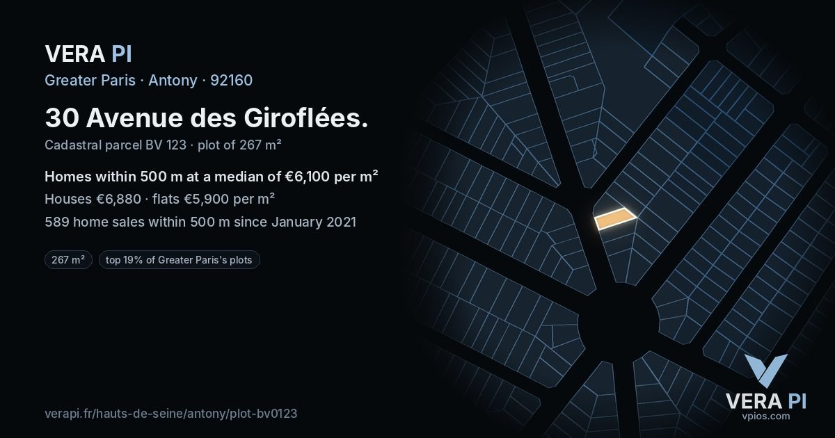 30 Avenue des Giroflées, Antony at night – the plot lit, the parcels around coloured by the prices near them