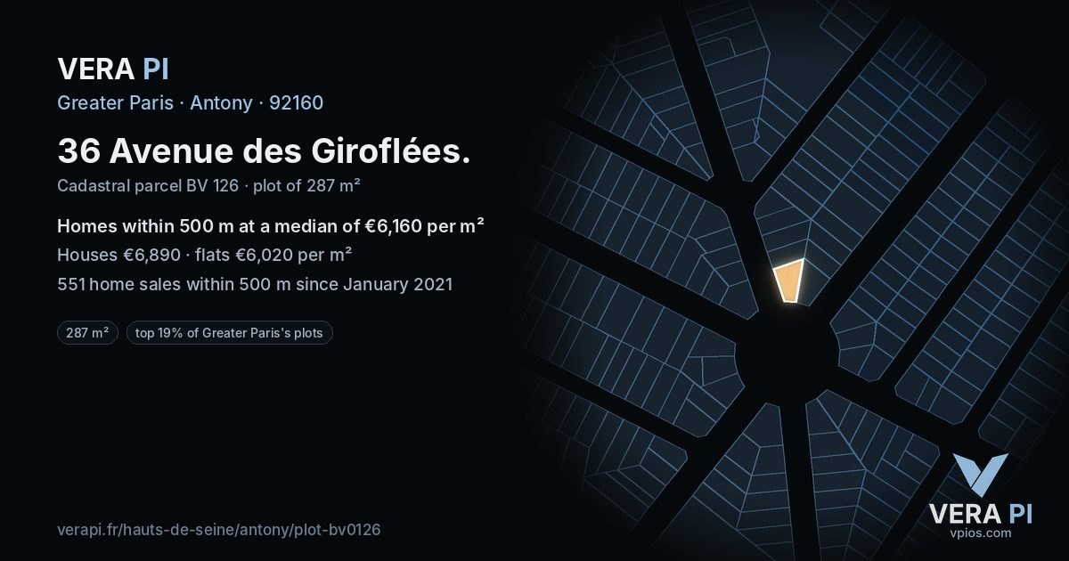 36 Avenue des Giroflées, Antony at night – the plot lit, the parcels around coloured by the prices near them