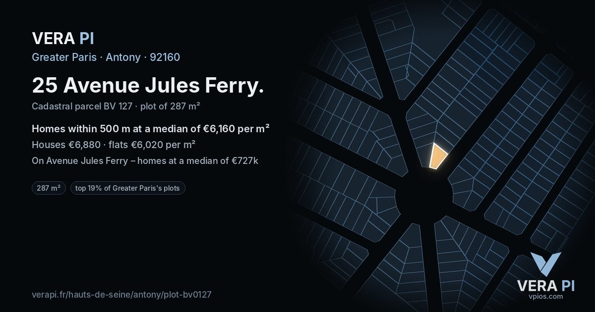 25 Avenue Jules Ferry, Antony at night – the plot lit, the parcels around coloured by the prices near them