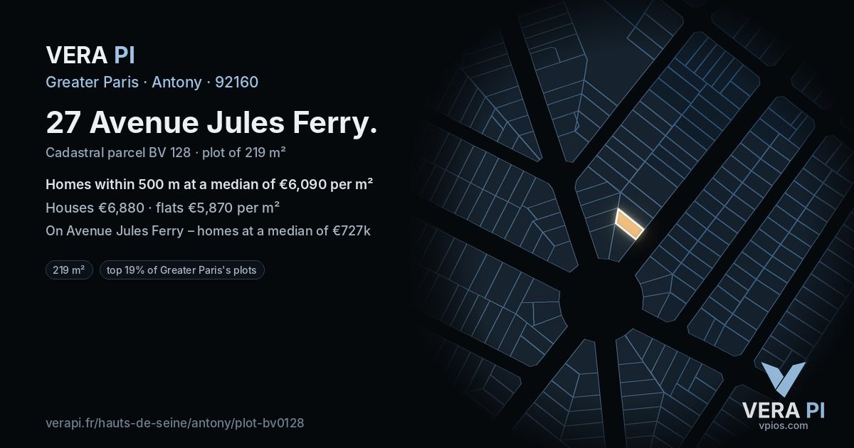 27 Avenue Jules Ferry, Antony at night – the plot lit, the parcels around coloured by the prices near them