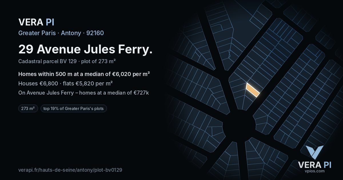 29 Avenue Jules Ferry, Antony at night – the plot lit, the parcels around coloured by the prices near them