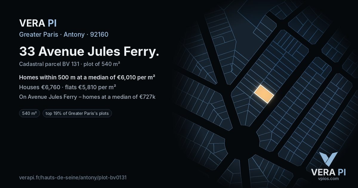 33 Avenue Jules Ferry, Antony at night – the plot lit, the parcels around coloured by the prices near them