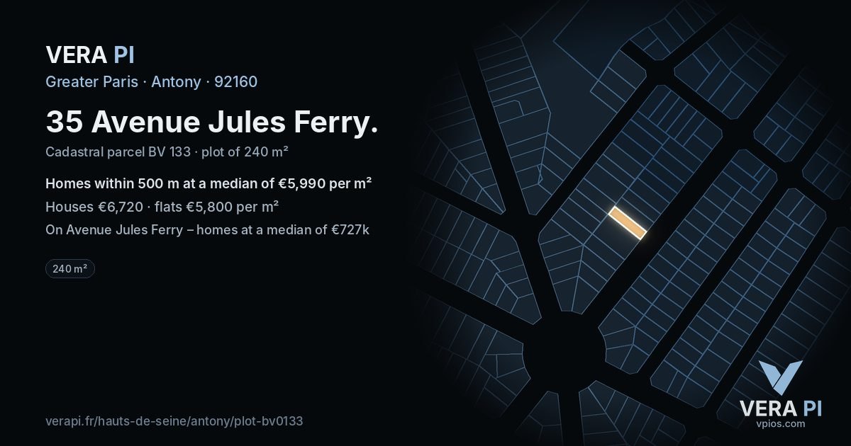 35 Avenue Jules Ferry, Antony at night – the plot lit, the parcels around coloured by the prices near them