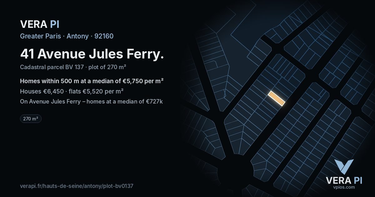 41 Avenue Jules Ferry, Antony at night – the plot lit, the parcels around coloured by the prices near them