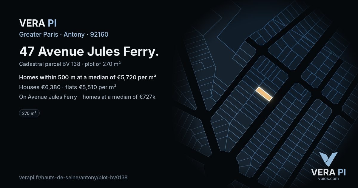 47 Avenue Jules Ferry, Antony at night – the plot lit, the parcels around coloured by the prices near them