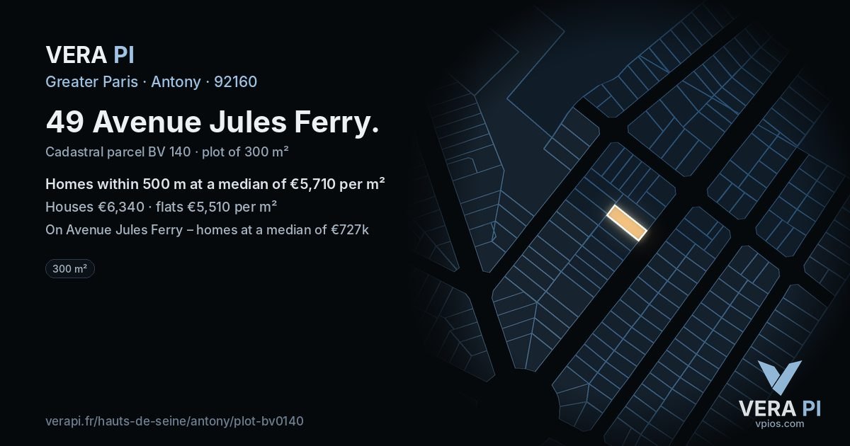 49 Avenue Jules Ferry, Antony at night – the plot lit, the parcels around coloured by the prices near them