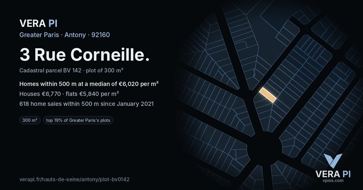 3 Rue Corneille, Antony at night – the plot lit, the parcels around coloured by the prices near them