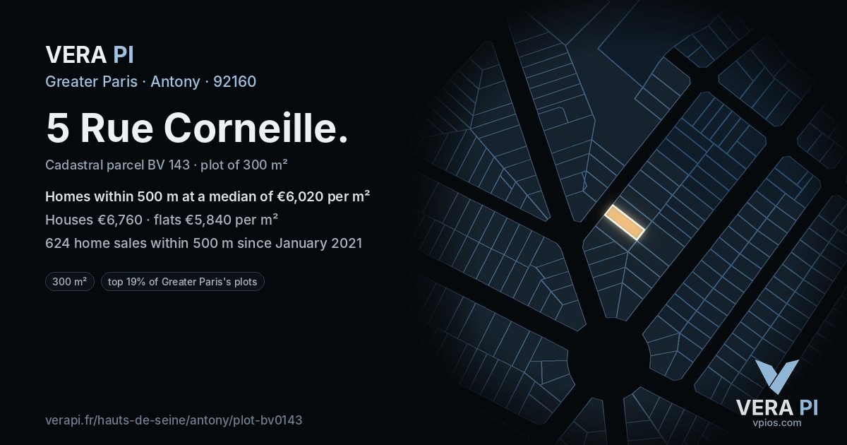 5 Rue Corneille, Antony at night – the plot lit, the parcels around coloured by the prices near them