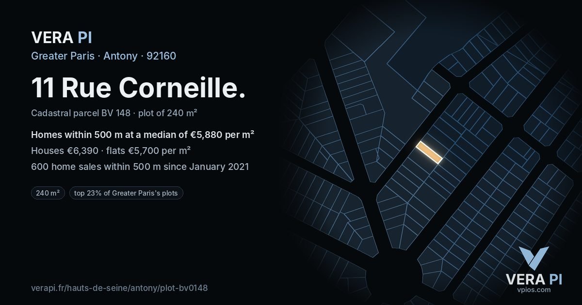11 Rue Corneille, Antony at night – the plot lit, the parcels around coloured by the prices near them