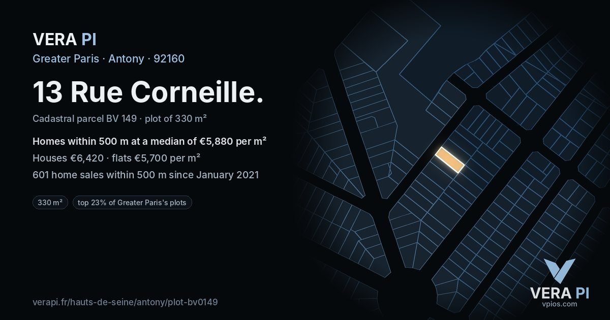 13 Rue Corneille, Antony at night – the plot lit, the parcels around coloured by the prices near them