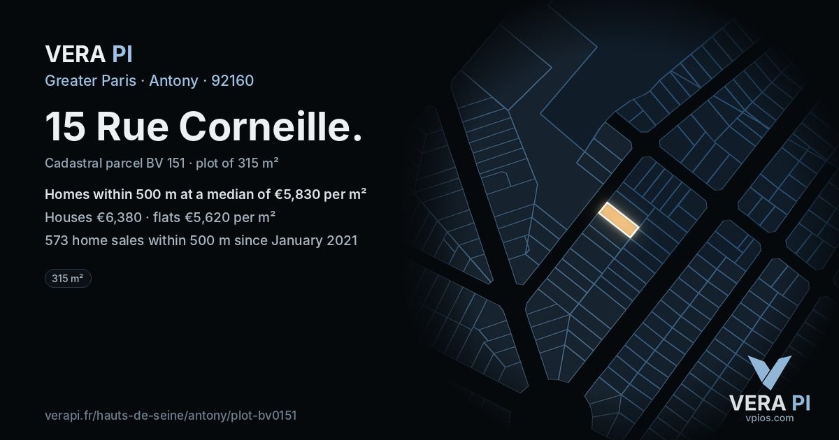 15 Rue Corneille, Antony at night – the plot lit, the parcels around coloured by the prices near them