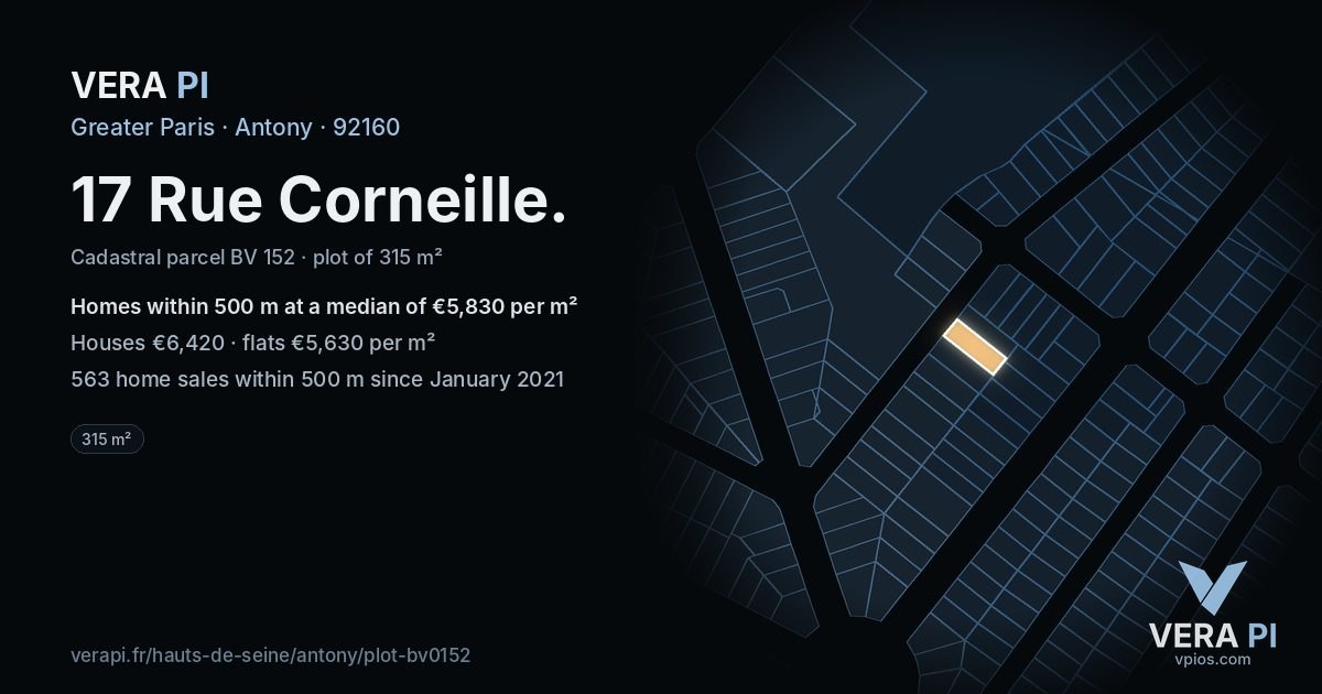 17 Rue Corneille, Antony at night – the plot lit, the parcels around coloured by the prices near them
