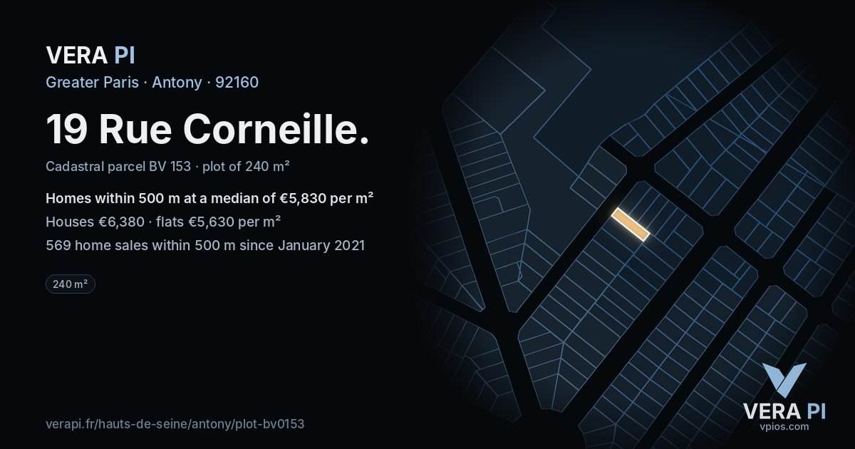 19 Rue Corneille, Antony at night – the plot lit, the parcels around coloured by the prices near them
