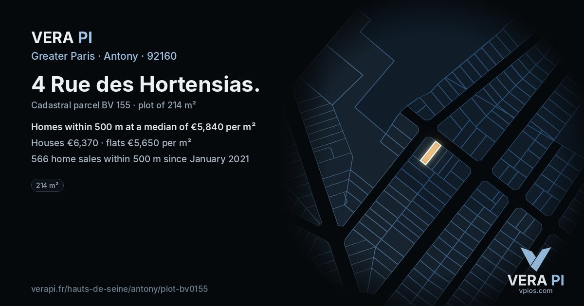 4 Rue des Hortensias, Antony at night – the plot lit, the parcels around coloured by the prices near them