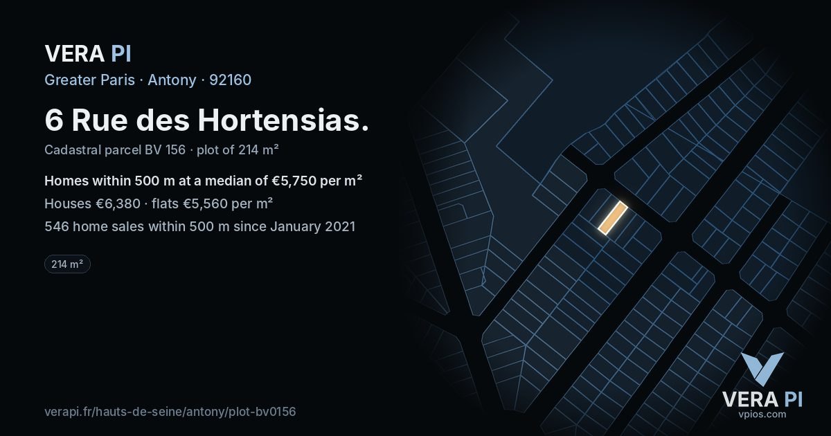 6 Rue des Hortensias, Antony at night – the plot lit, the parcels around coloured by the prices near them