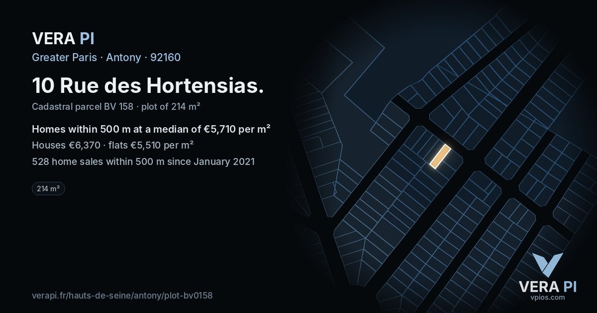 10 Rue des Hortensias, Antony at night – the plot lit, the parcels around coloured by the prices near them