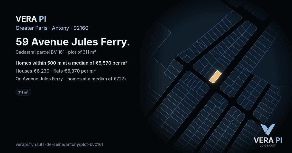 59 Avenue Jules Ferry, Antony at night – the plot lit, the parcels around coloured by the prices near them