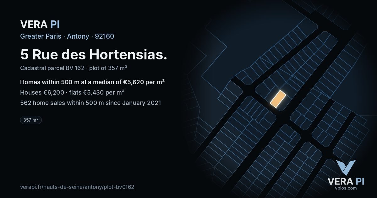 5 Rue des Hortensias, Antony at night – the plot lit, the parcels around coloured by the prices near them