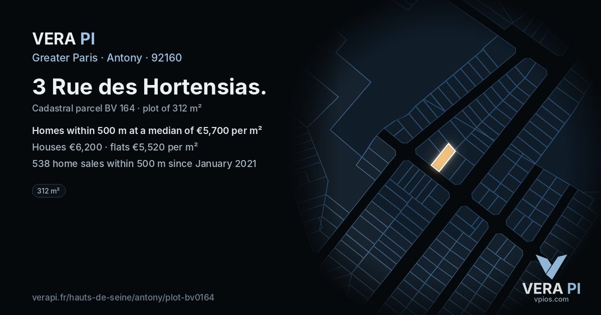 3 Rue des Hortensias, Antony at night – the plot lit, the parcels around coloured by the prices near them