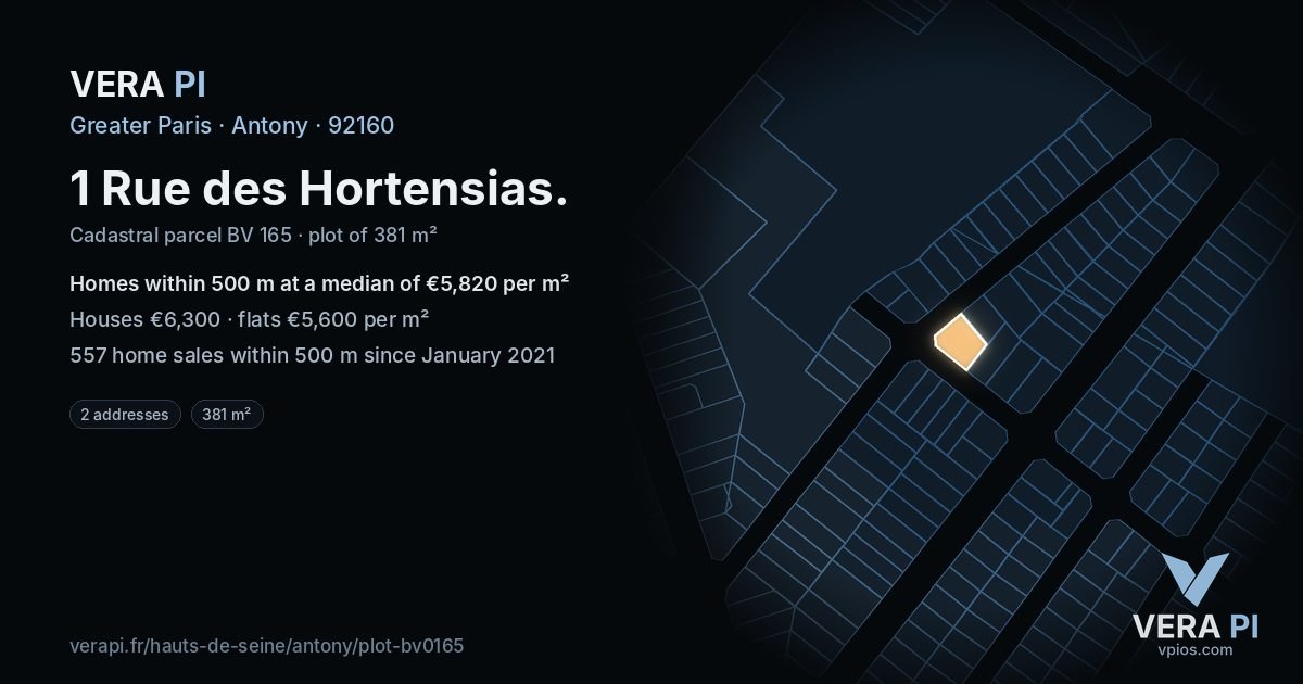 1 Rue des Hortensias, Antony at night – the plot lit, the parcels around coloured by the prices near them