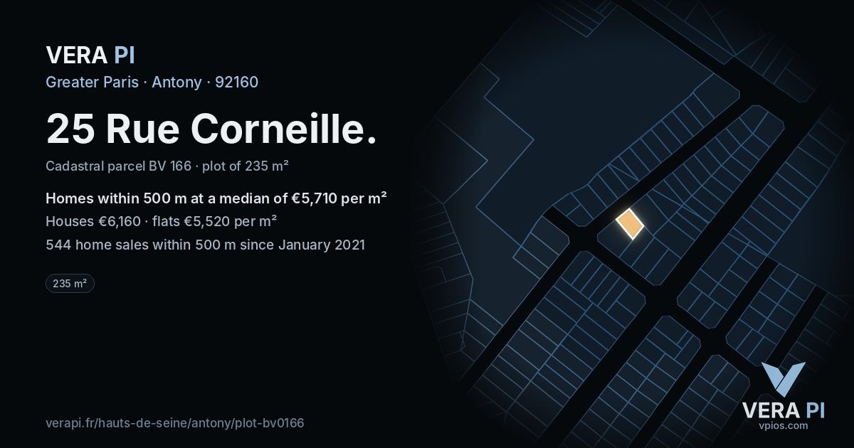 25 Rue Corneille, Antony at night – the plot lit, the parcels around coloured by the prices near them