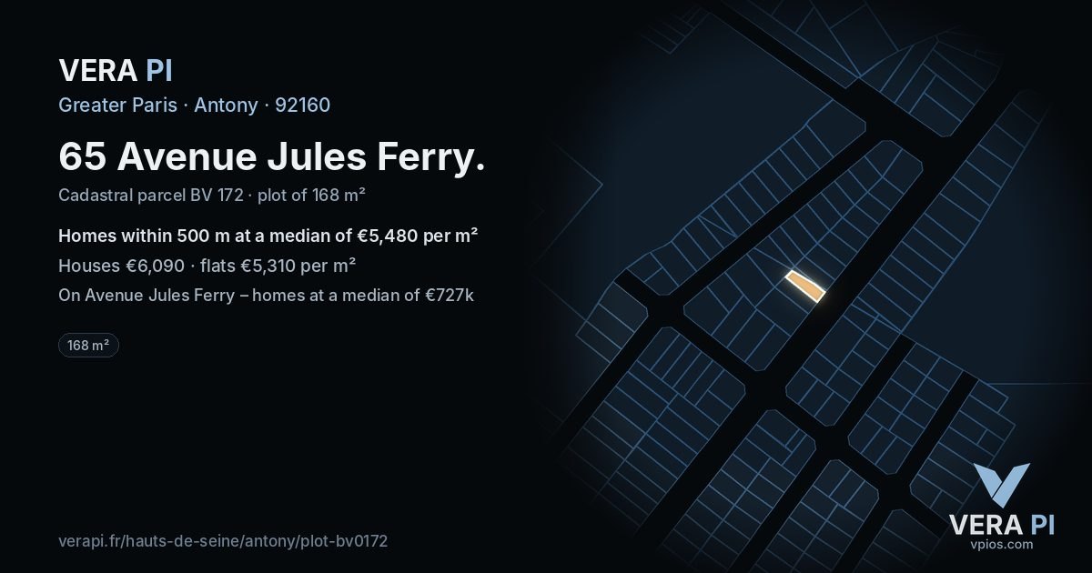 65 Avenue Jules Ferry, Antony at night – the plot lit, the parcels around coloured by the prices near them