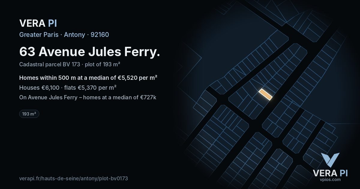 63 Avenue Jules Ferry, Antony at night – the plot lit, the parcels around coloured by the prices near them