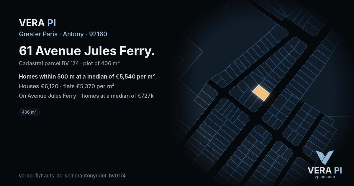 61 Avenue Jules Ferry, Antony at night – the plot lit, the parcels around coloured by the prices near them