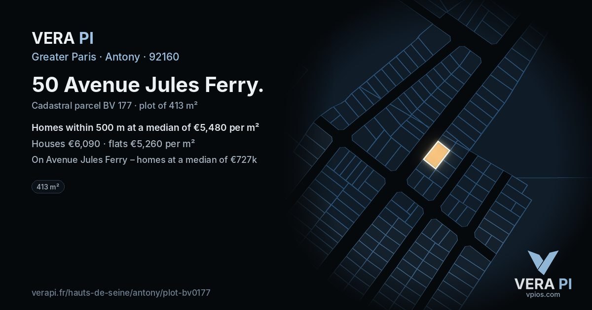 50 Avenue Jules Ferry, Antony at night – the plot lit, the parcels around coloured by the prices near them