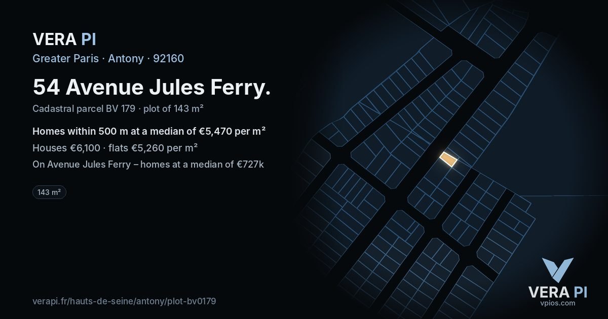 54 Avenue Jules Ferry, Antony at night – the plot lit, the parcels around coloured by the prices near them