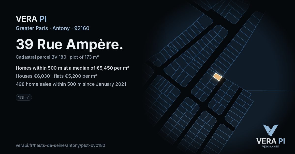 39 Rue Ampère, Antony at night – the plot lit, the parcels around coloured by the prices near them