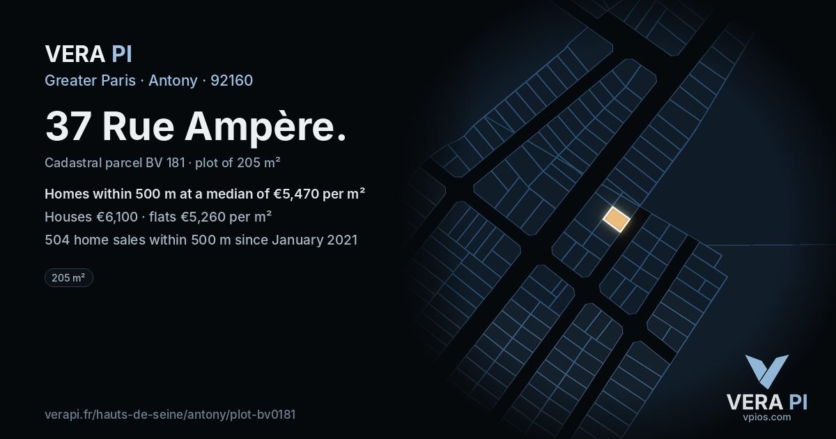 37 Rue Ampère, Antony at night – the plot lit, the parcels around coloured by the prices near them