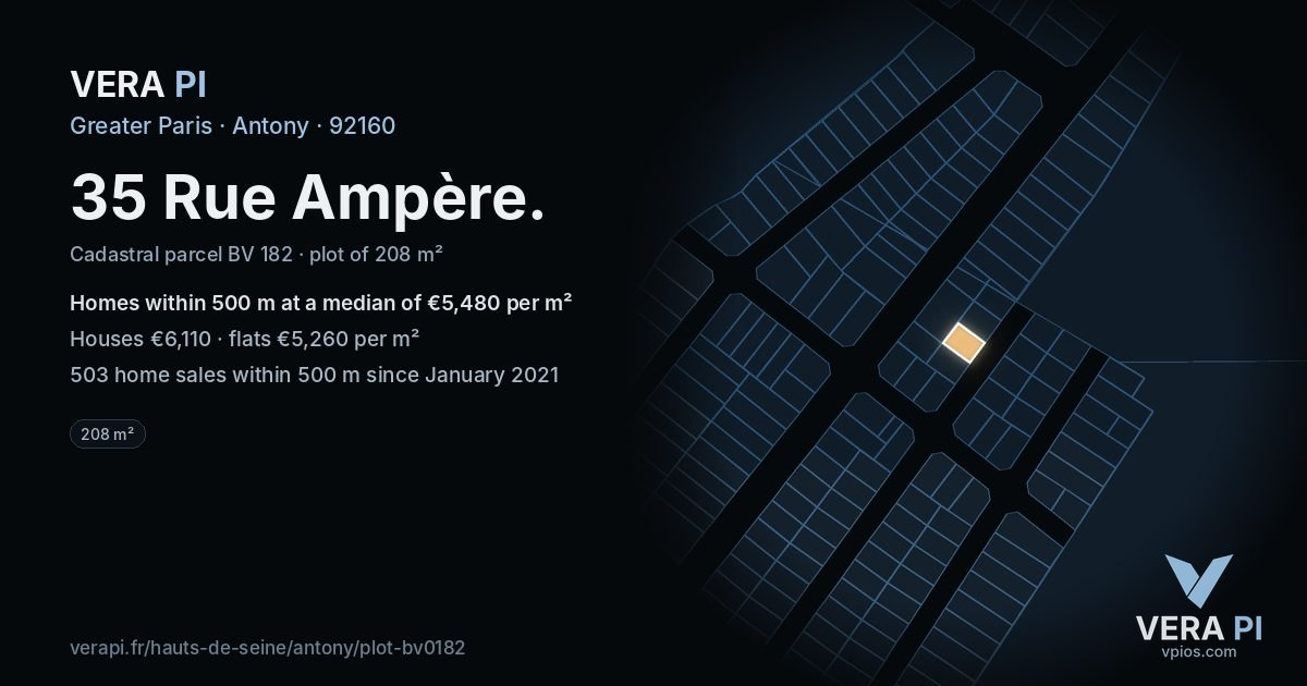 35 Rue Ampère, Antony at night – the plot lit, the parcels around coloured by the prices near them