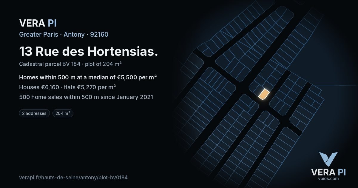 13 Rue des Hortensias, Antony at night – the plot lit, the parcels around coloured by the prices near them