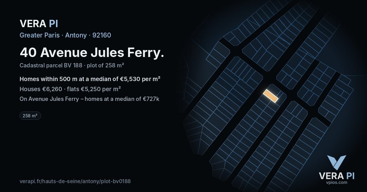 40 Avenue Jules Ferry, Antony at night – the plot lit, the parcels around coloured by the prices near them