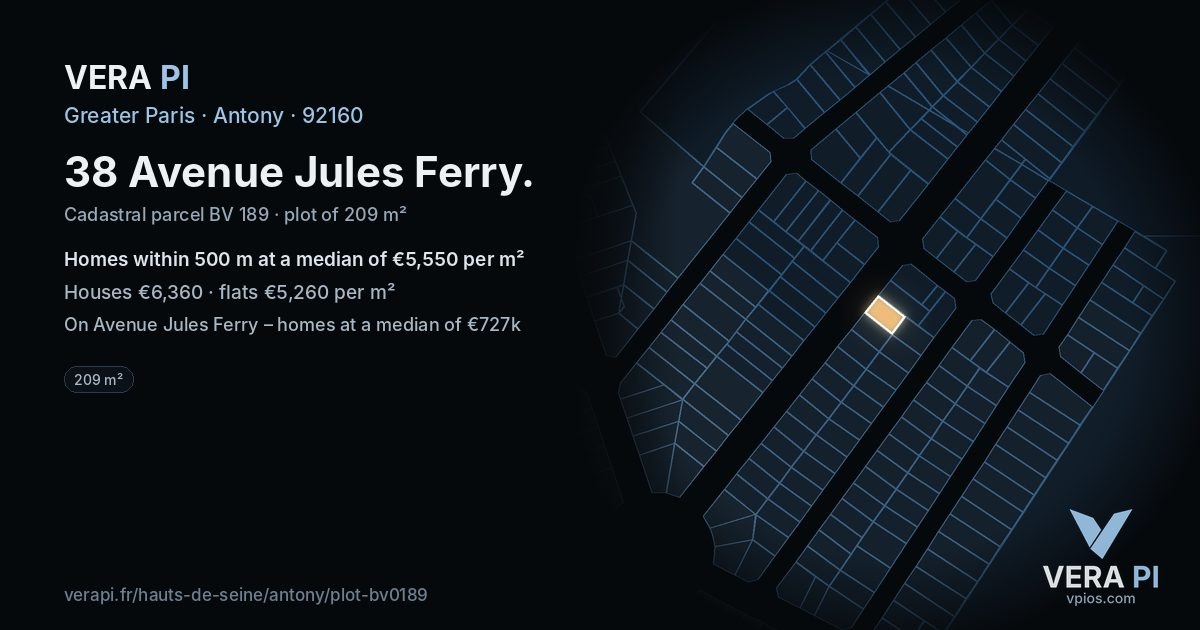 38 Avenue Jules Ferry, Antony at night – the plot lit, the parcels around coloured by the prices near them