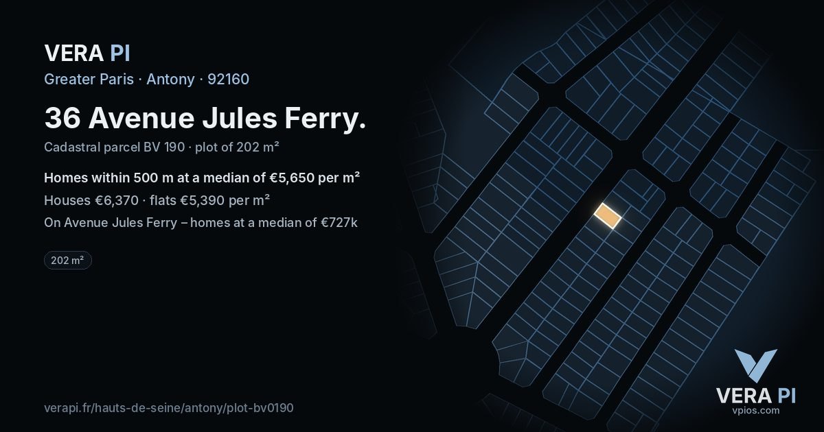 36 Avenue Jules Ferry, Antony at night – the plot lit, the parcels around coloured by the prices near them