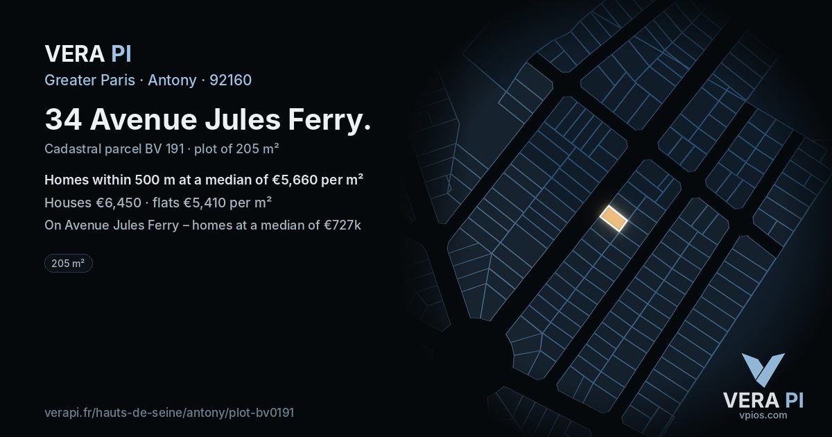 34 Avenue Jules Ferry, Antony at night – the plot lit, the parcels around coloured by the prices near them