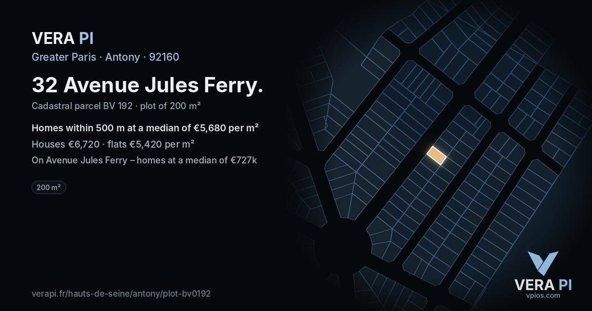 32 Avenue Jules Ferry, Antony at night – the plot lit, the parcels around coloured by the prices near them