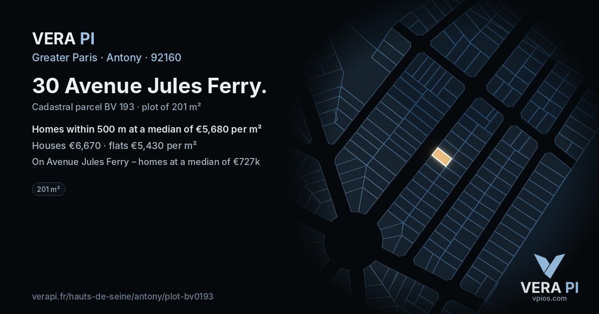 30 Avenue Jules Ferry, Antony at night – the plot lit, the parcels around coloured by the prices near them