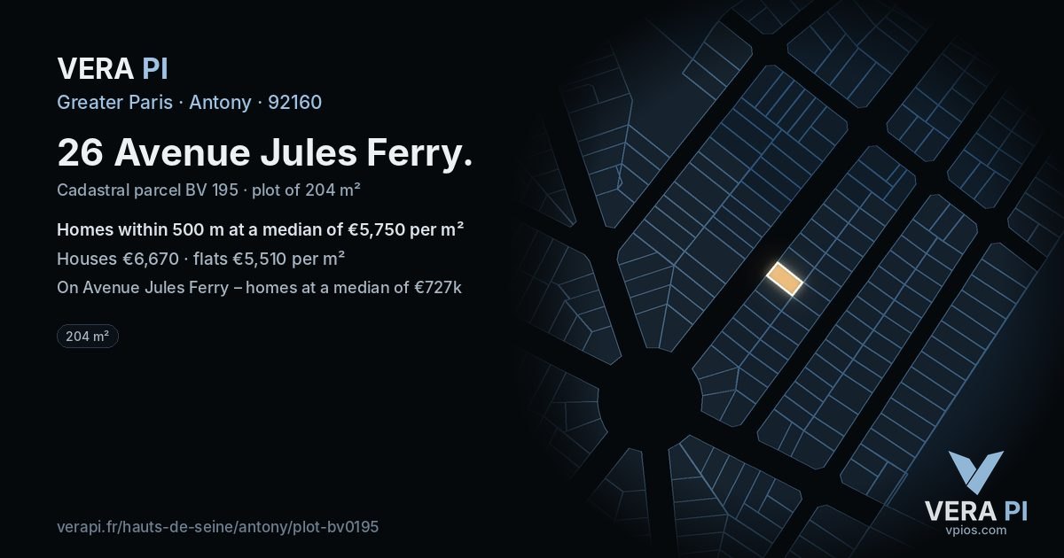 26 Avenue Jules Ferry, Antony at night – the plot lit, the parcels around coloured by the prices near them