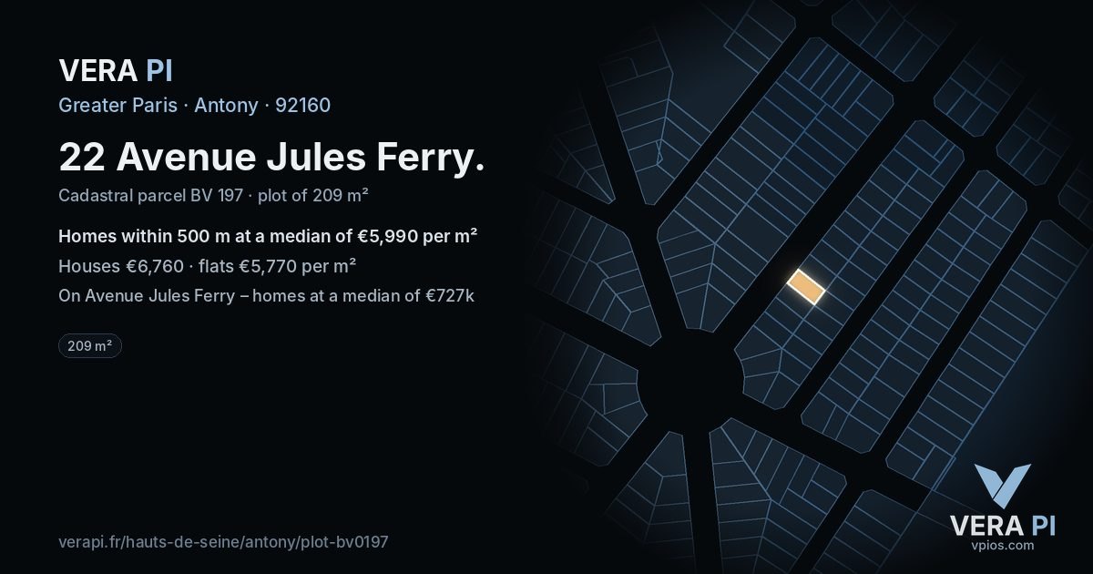 22 Avenue Jules Ferry, Antony at night – the plot lit, the parcels around coloured by the prices near them