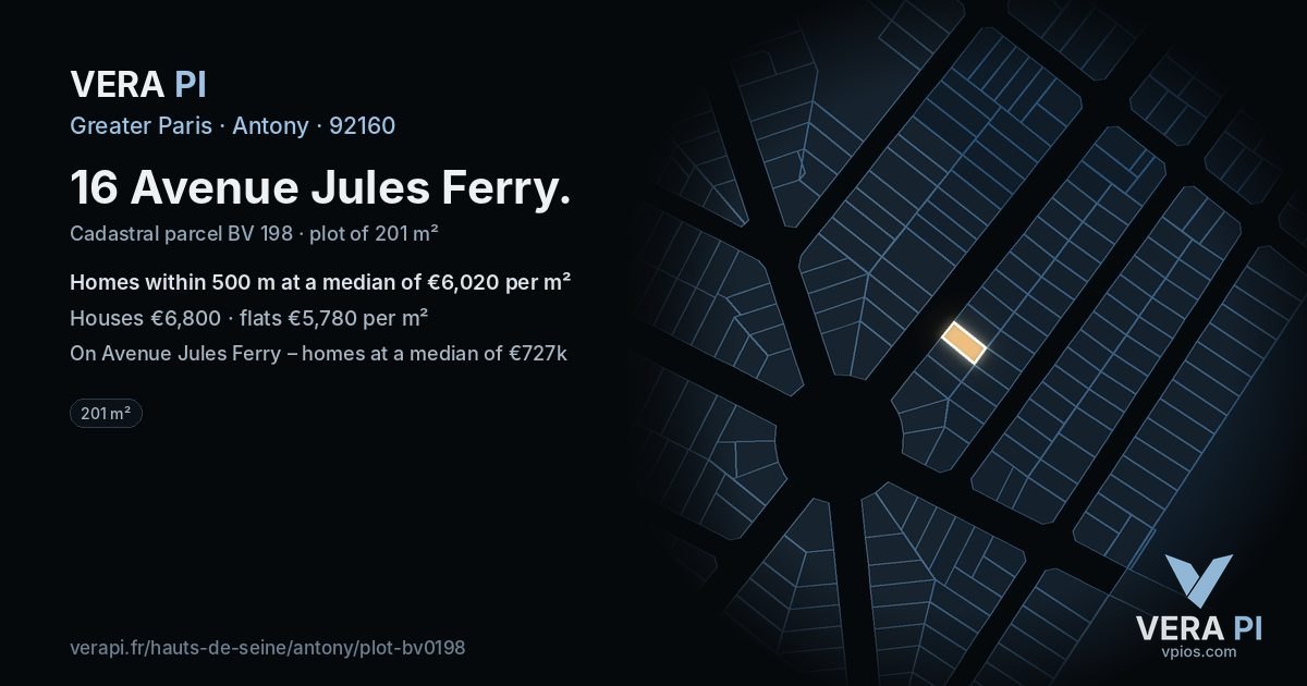 16 Avenue Jules Ferry, Antony at night – the plot lit, the parcels around coloured by the prices near them