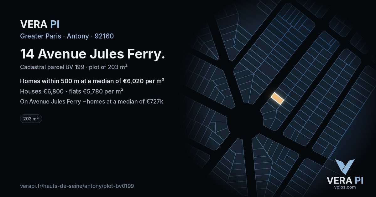 14 Avenue Jules Ferry, Antony at night – the plot lit, the parcels around coloured by the prices near them