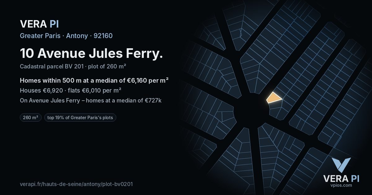 10 Avenue Jules Ferry, Antony at night – the plot lit, the parcels around coloured by the prices near them